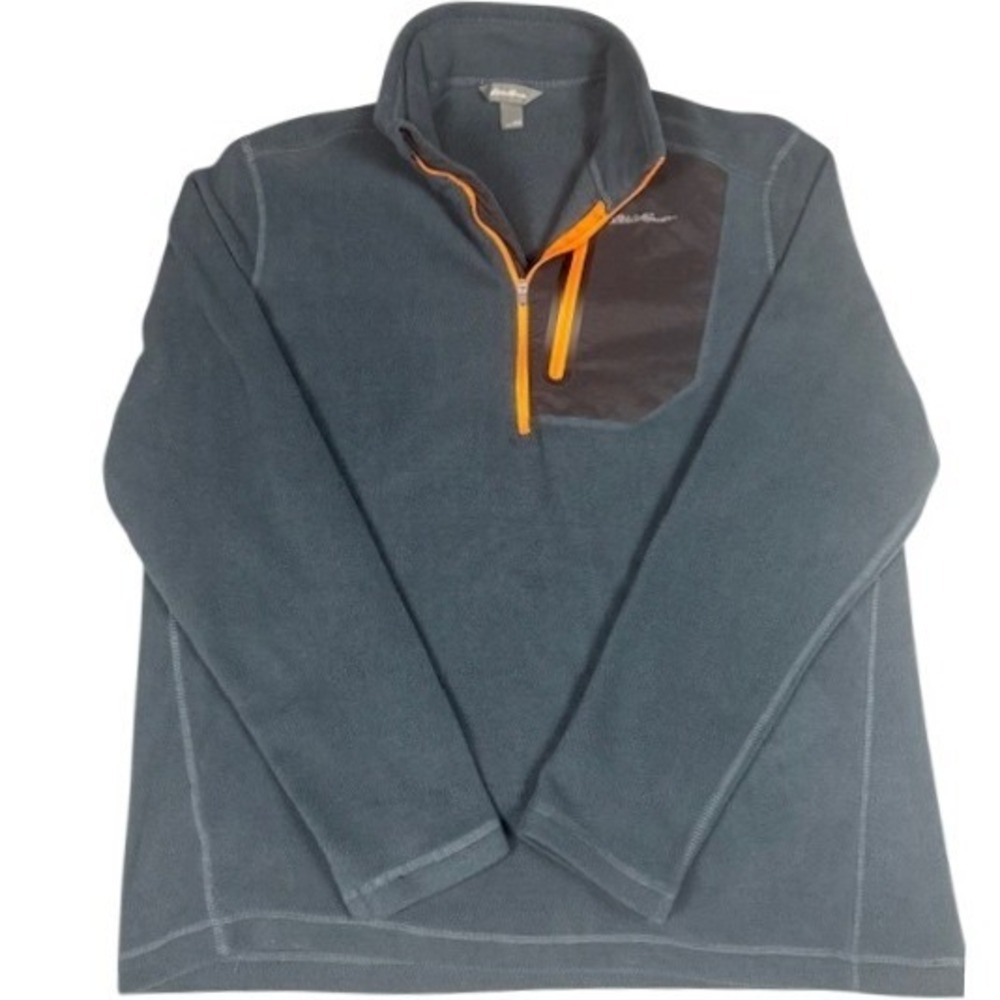 Eddie Bauer Fleece Pullover Mens XL Grey Orange 1/4 Zip Chest Pocket Hiking‎